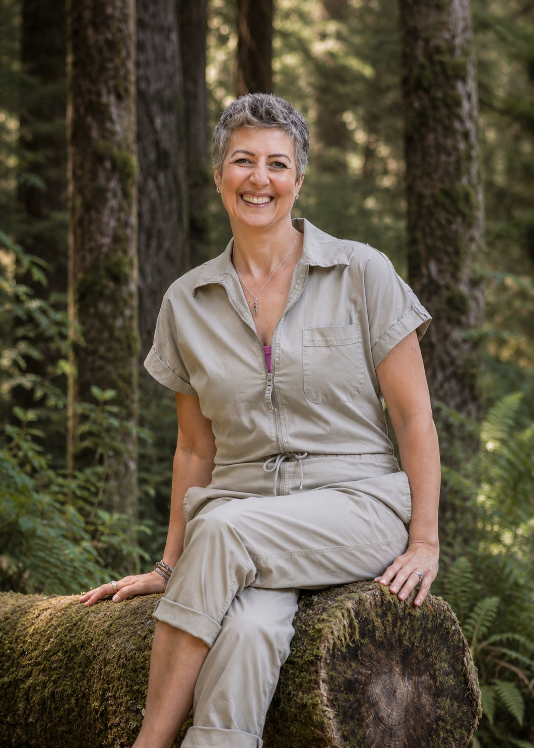 Georgie ADHD wellness coach sits on a fallen tree trunk in a lush green forest