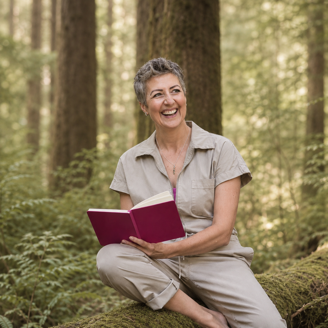ADHD coach Georgie Coote sits with a pink journal in the woods smiling broadly