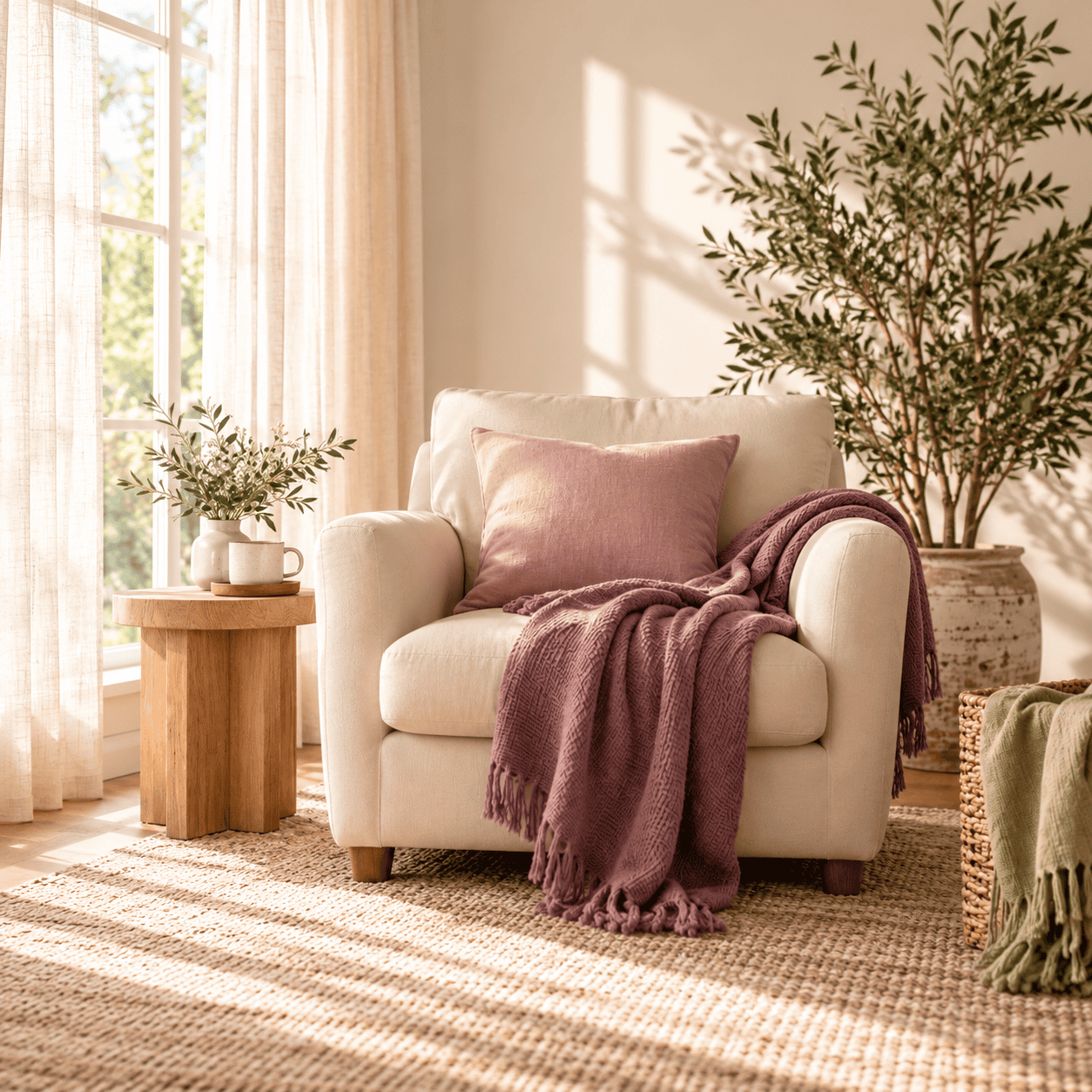 Cozy armchair with a mauve blanket and pink cushion beside a sunny window, creating a peaceful space for rest and reflection.